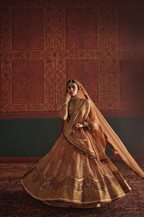 Burnt Orange Tissue Ensemble with Parrot and Palm Motifs