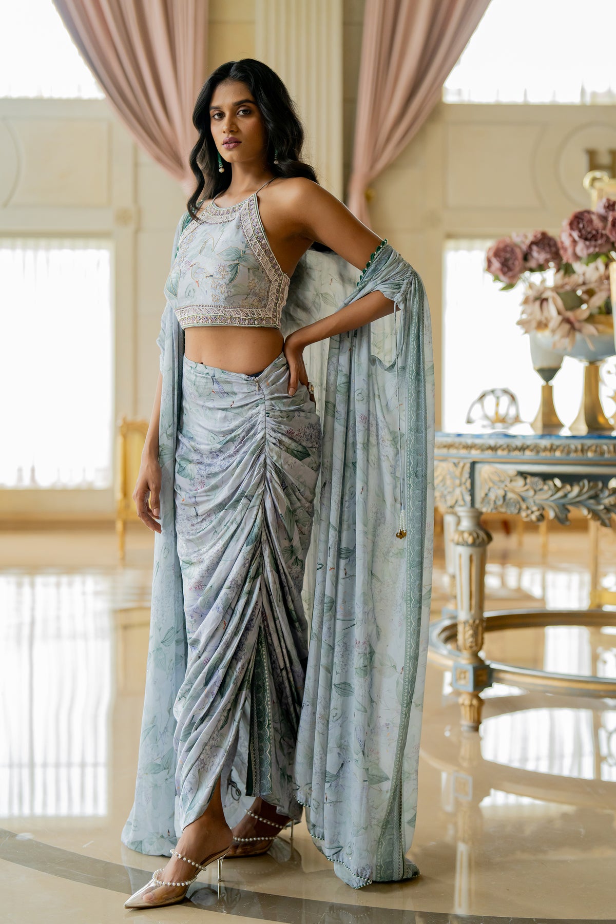 Lilac Cotton Satin Draped Skirt Set | Nidhi Halani