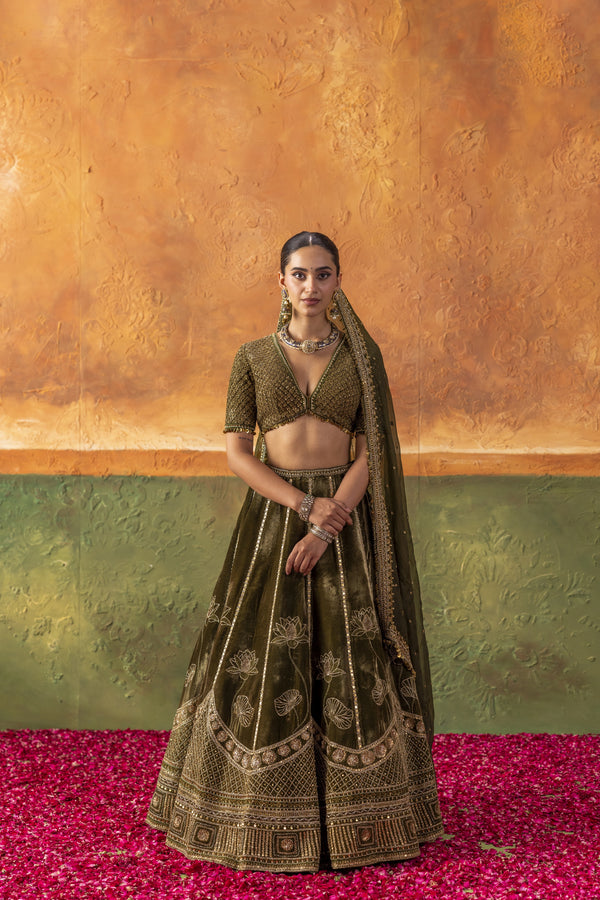 Olive Velvet Lotus Lehenga