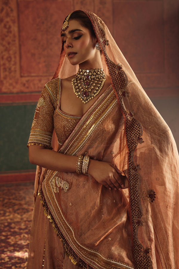 Burnt Orange Tissue Ensemble with Parrot and Palm Motifs