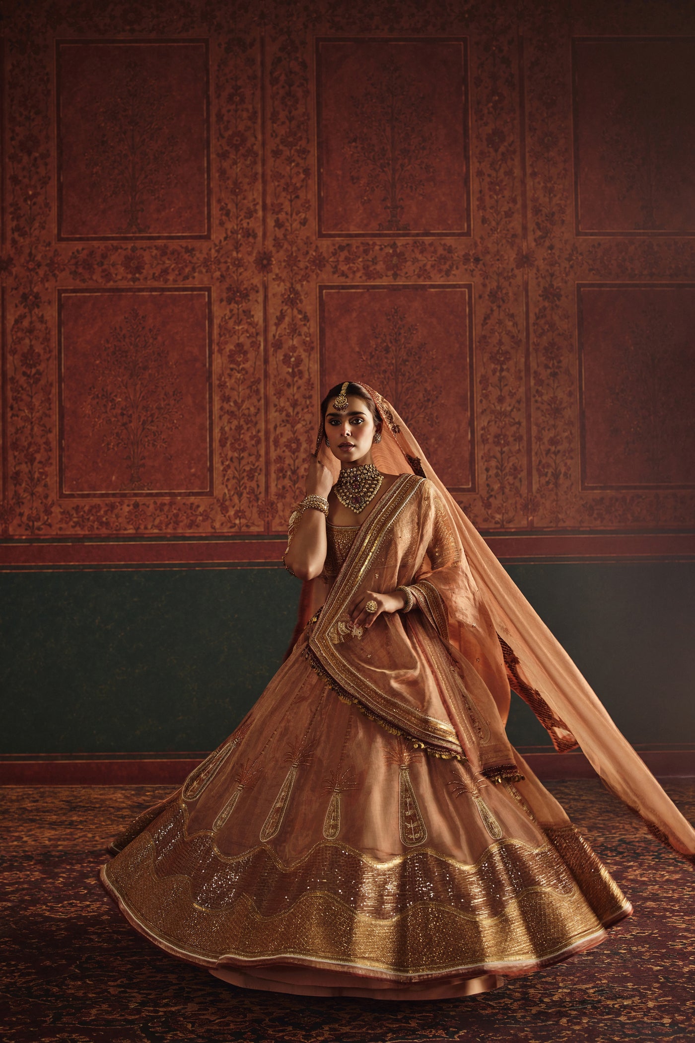 Burnt Orange Tissue Ensemble with Parrot and Palm Motifs
