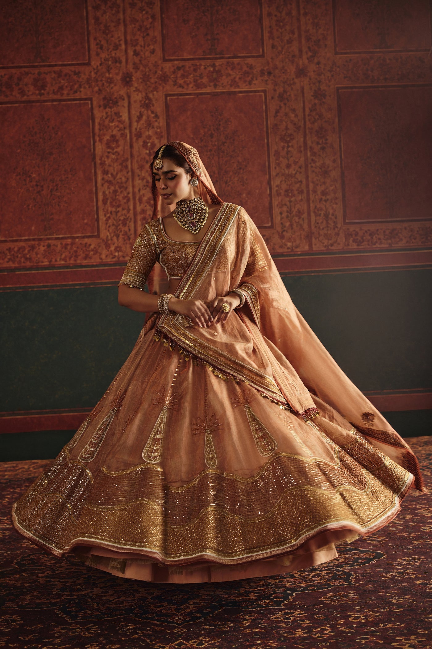 Burnt Orange Tissue Ensemble with Parrot and Palm Motifs