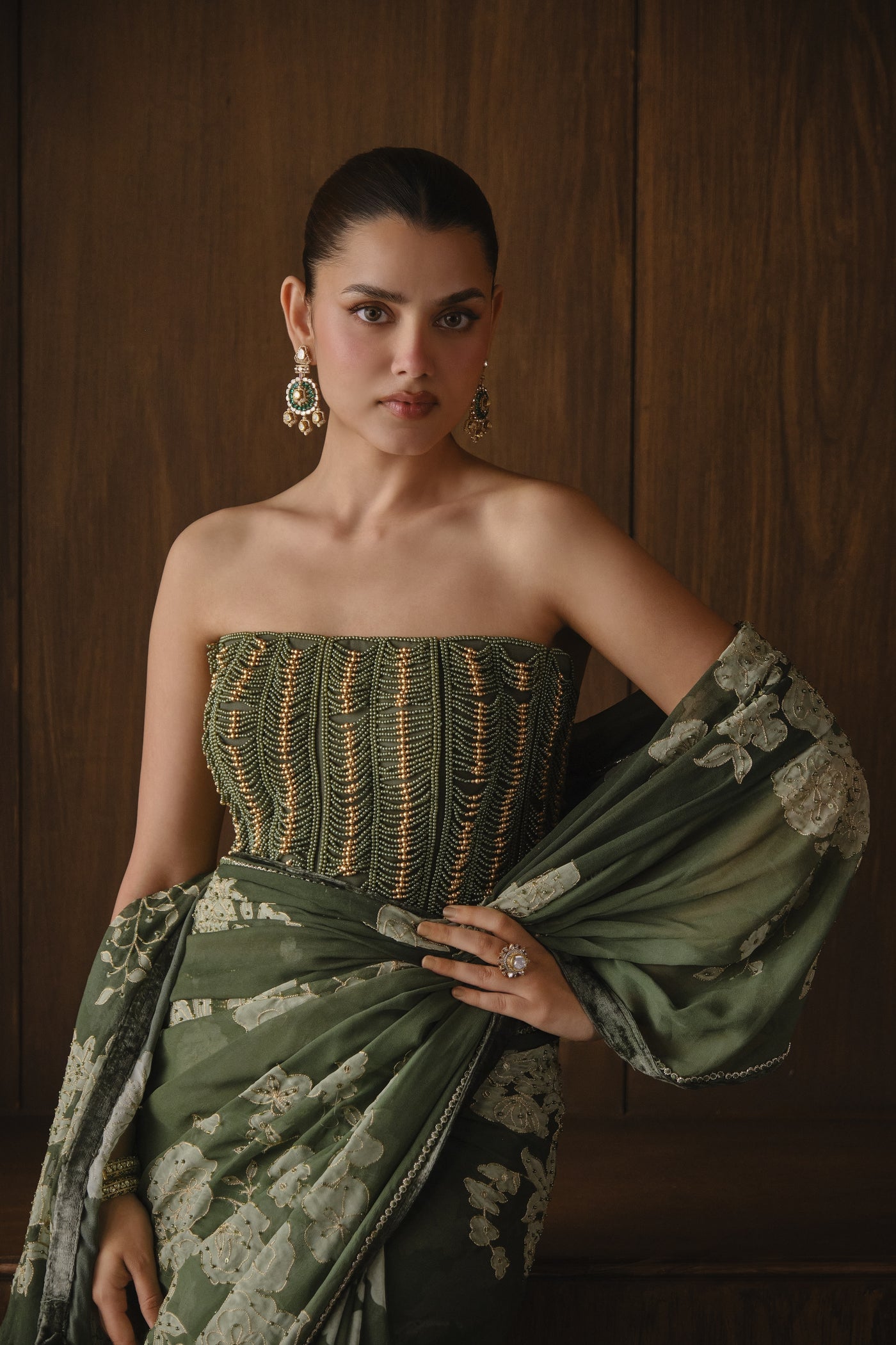 Dark Green Floral Saree