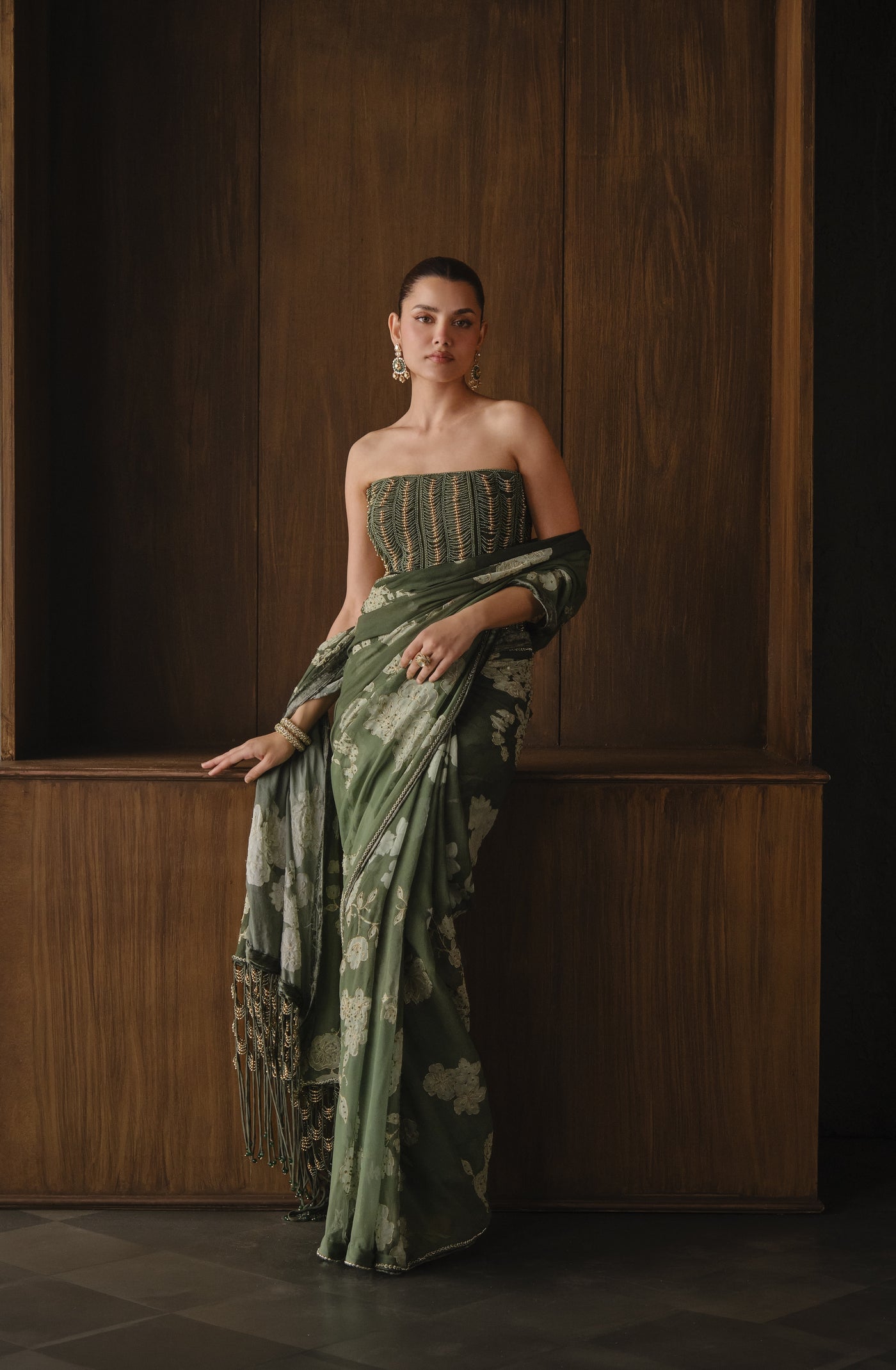 Dark Green Floral Saree