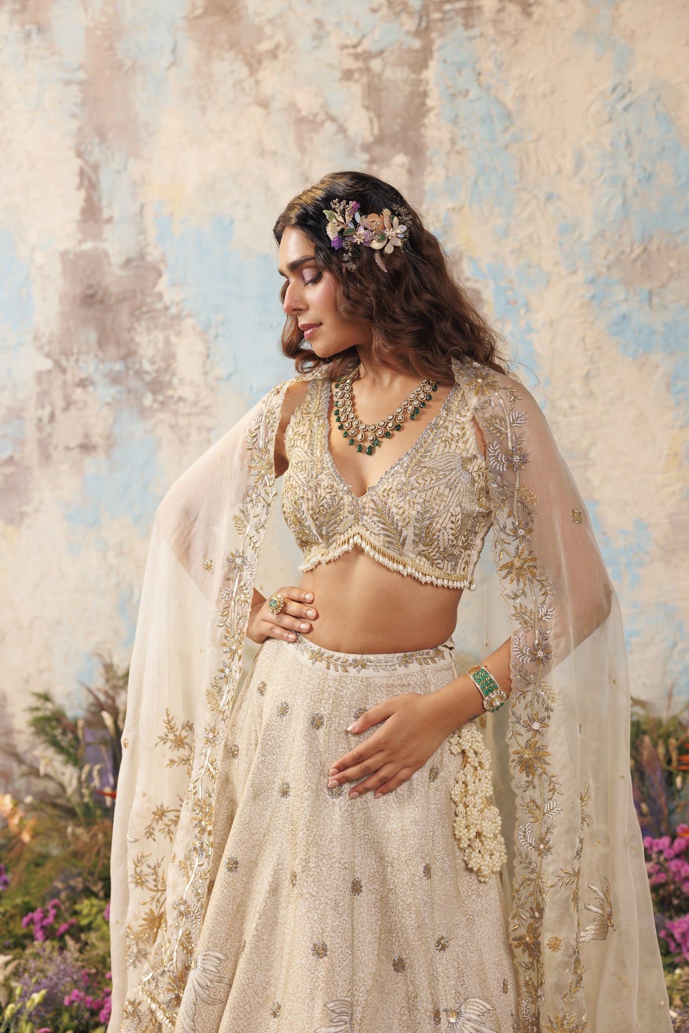 Ivory Foiled Humming Bird Lehenga