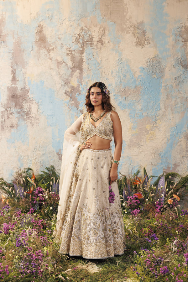 Ivory Foiled Humming Bird Lehenga