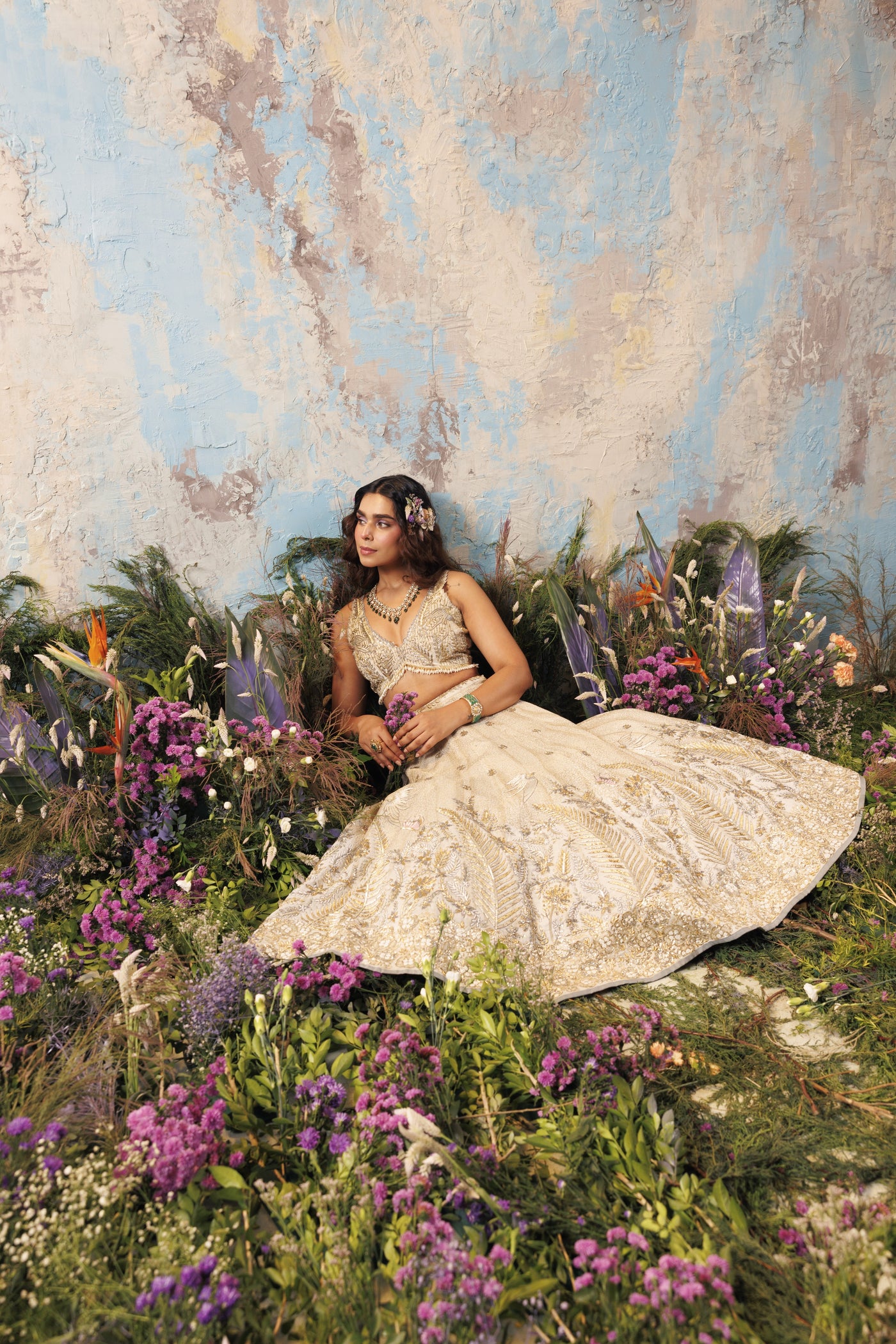 Ivory Foiled Humming Bird Lehenga