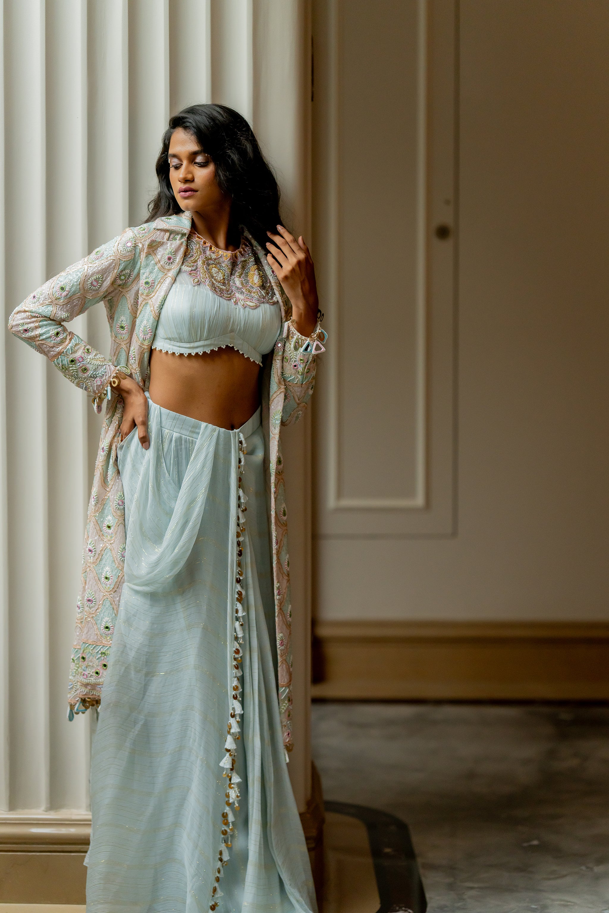 Powder Blue & Pink Georgette Pitta Embroidered Jacket Saree Set