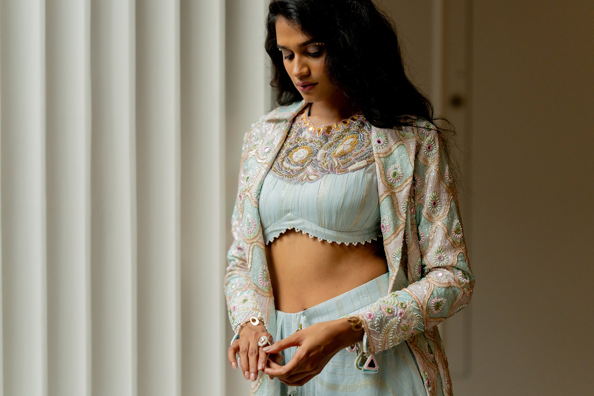 Powder Blue & Pink Georgette Pitta Embroidered Jacket Saree Set