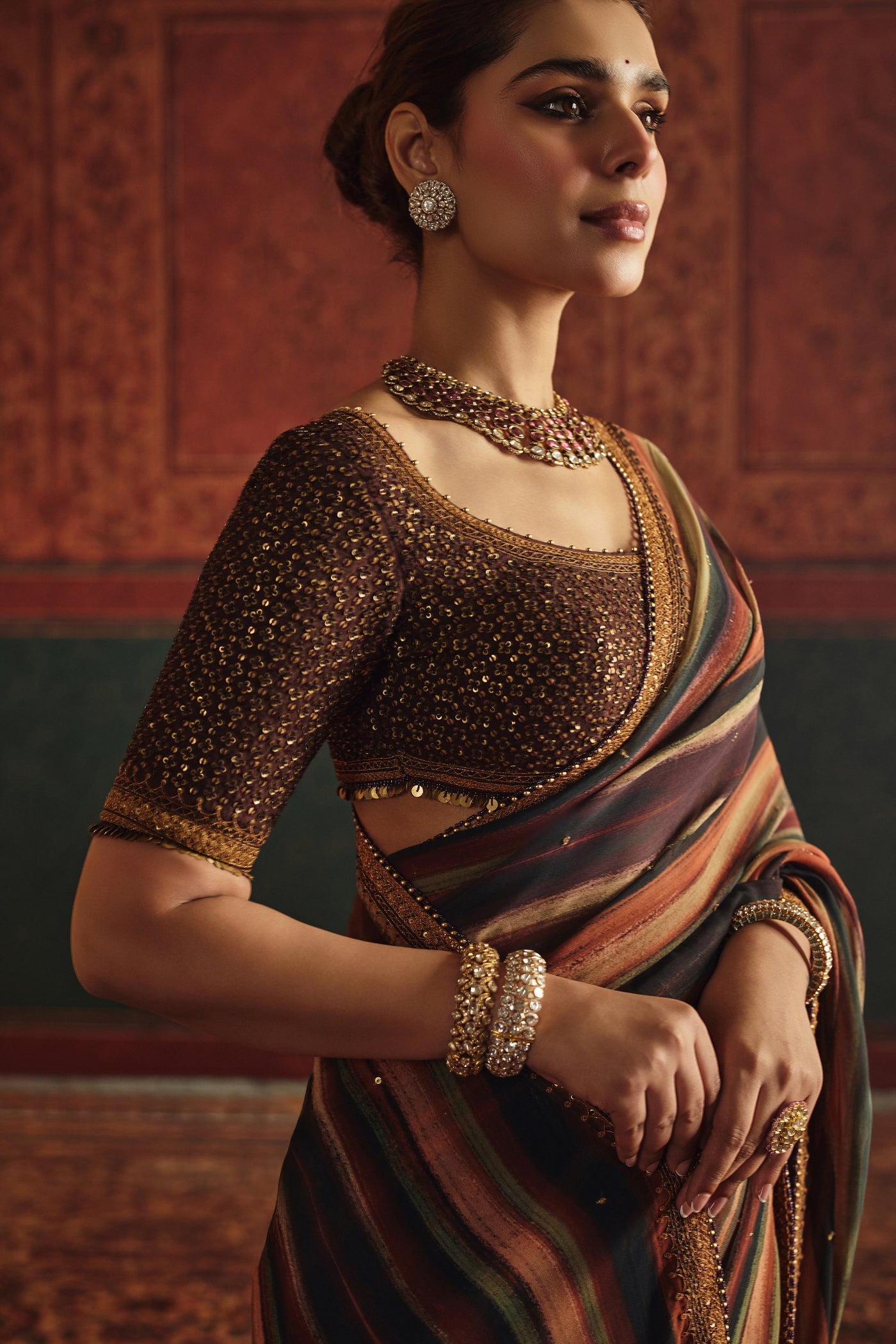 NH Chocolate Shadow Stripe Saree