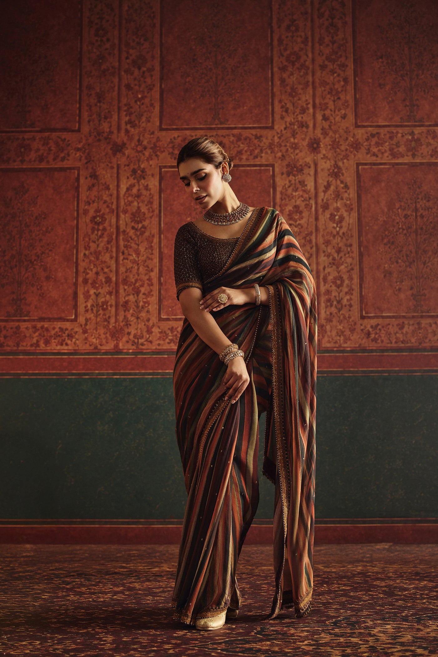 NH Chocolate Shadow Stripe Saree