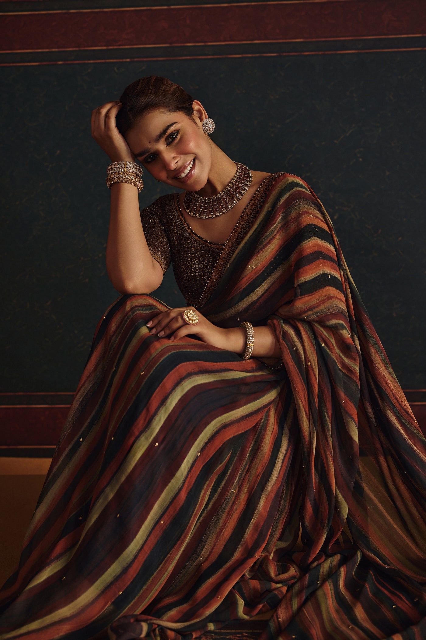 NH Chocolate Shadow Stripe Saree