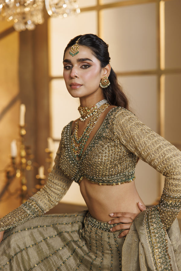 NH Statement Olive Tissue Lehenga