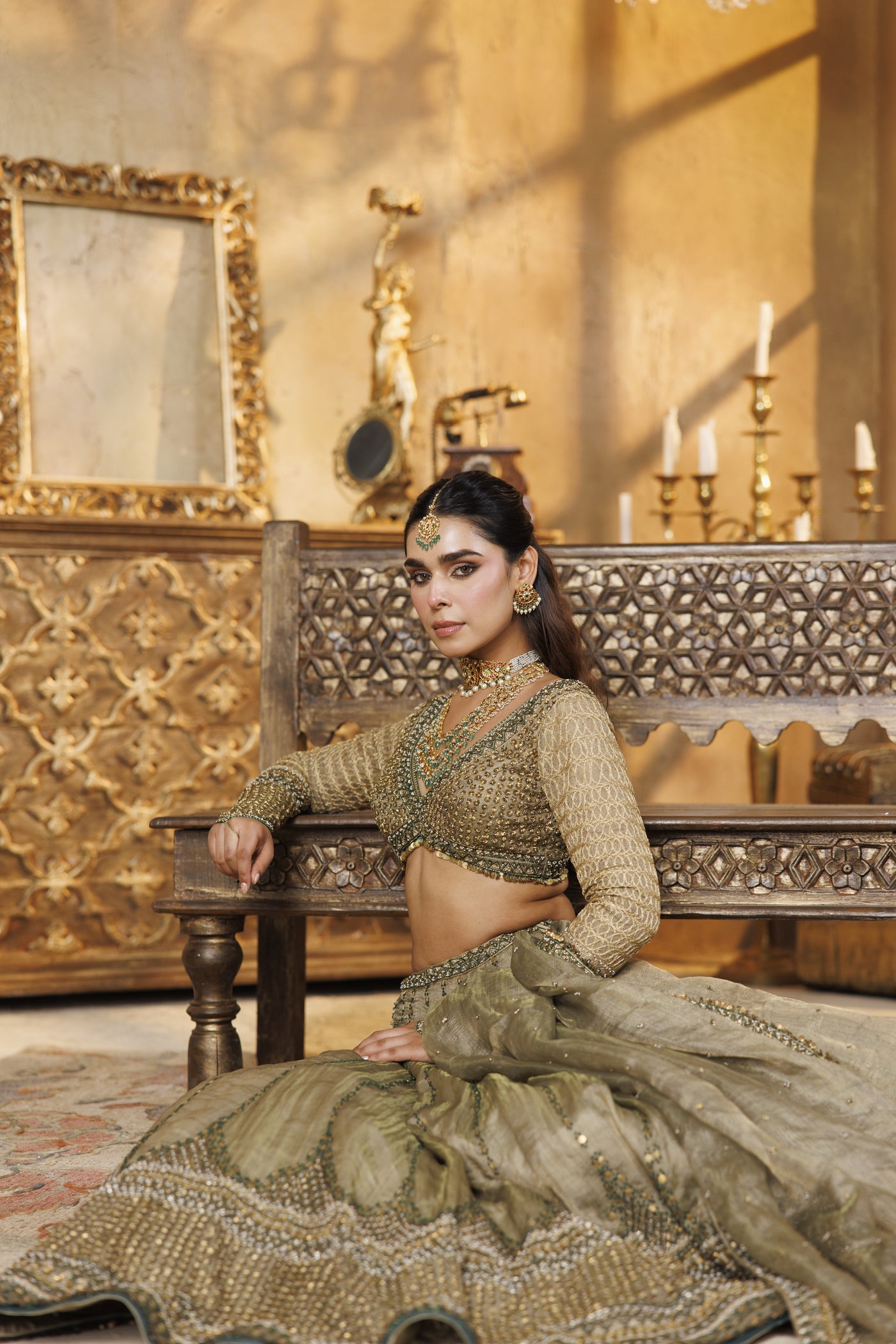 NH Statement Olive Tissue Lehenga