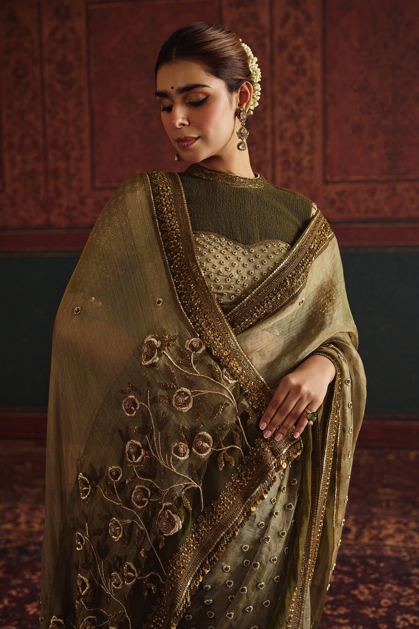 NH Statement Rose Garden Olive Green Tissue Saree Set