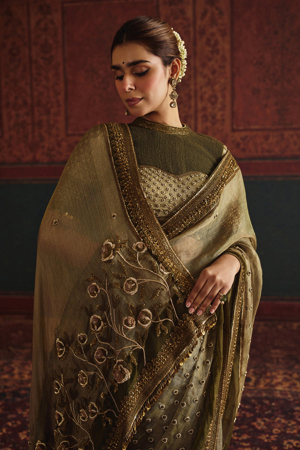NH Statement Rose Garden Olive Green Tissue Saree Set