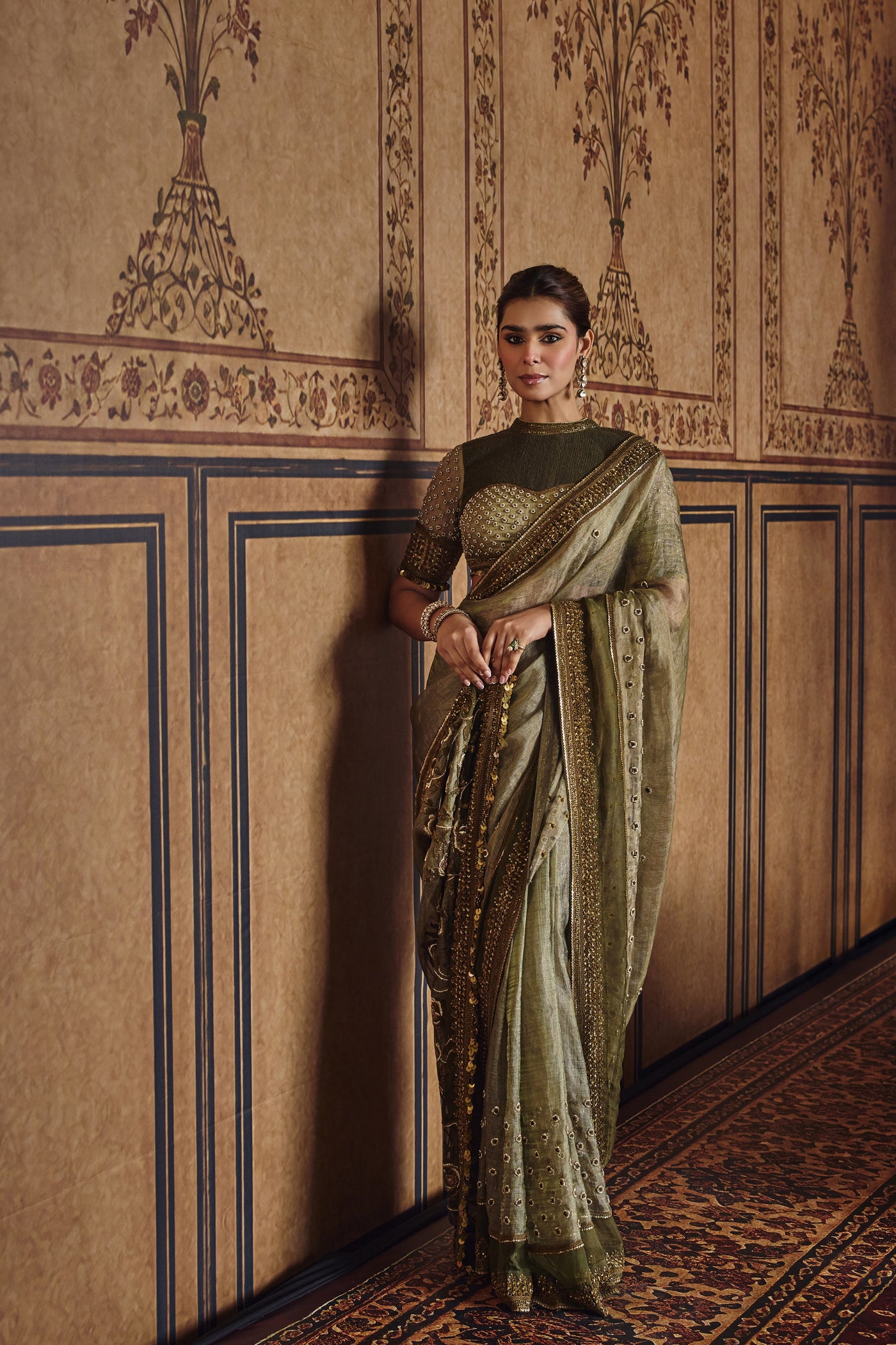 NH Statement Rose Garden Olive Green Tissue Saree Set