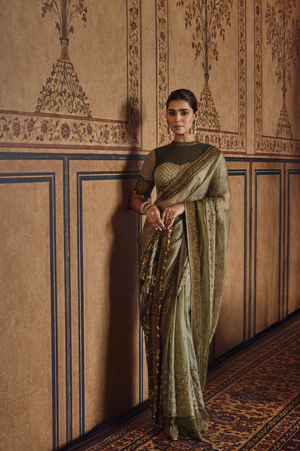 NH Statement Rose Garden Olive Green Tissue Saree Set