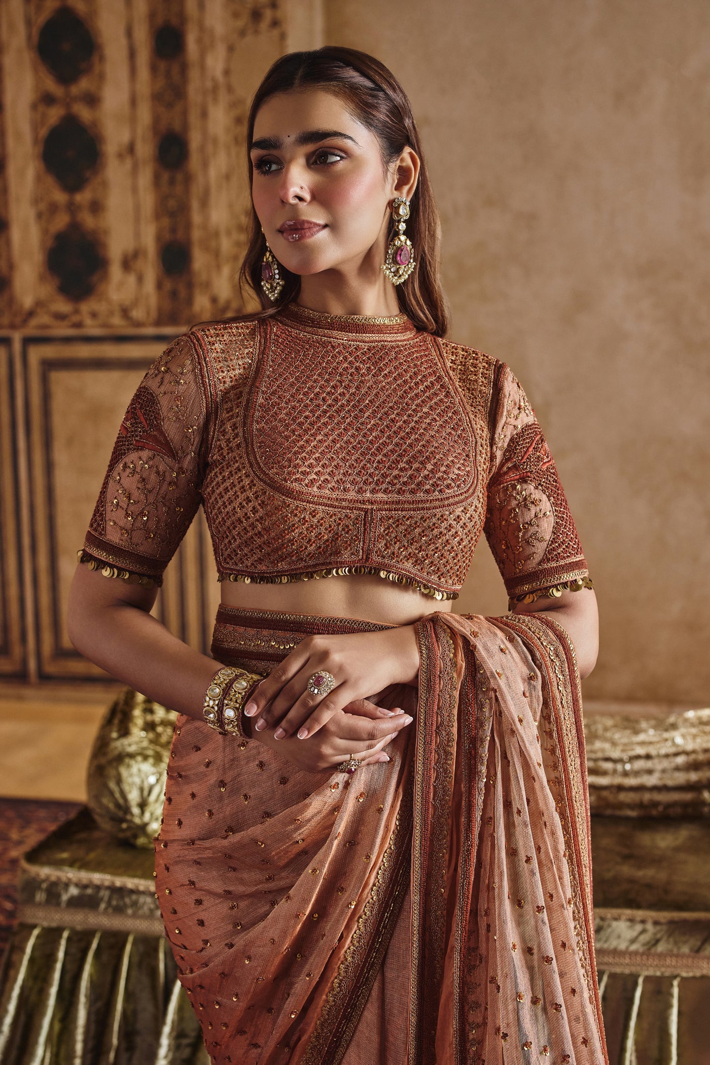 NH Statement Rustic Orange Tissue Peacock Saree Set
