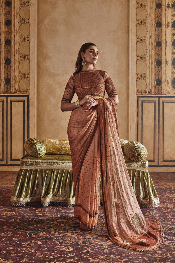 NH Statement Rustic Orange Tissue Peacock Saree Set