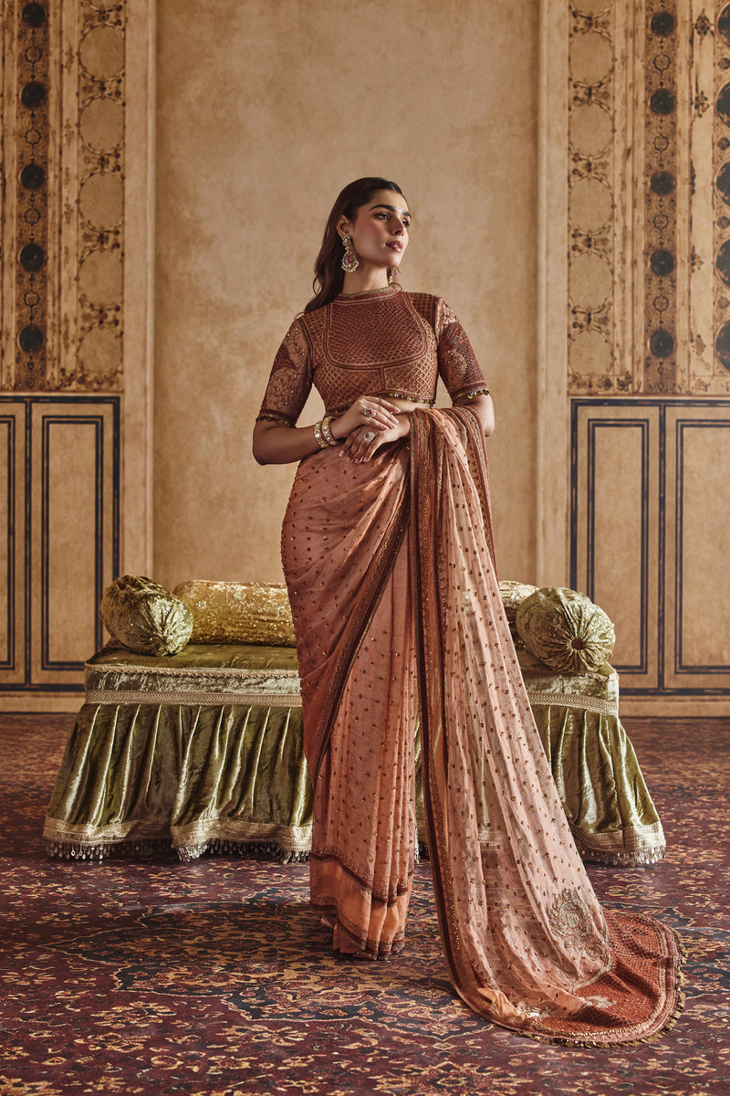 NH Statement Rustic Orange Tissue Peacock Saree Set