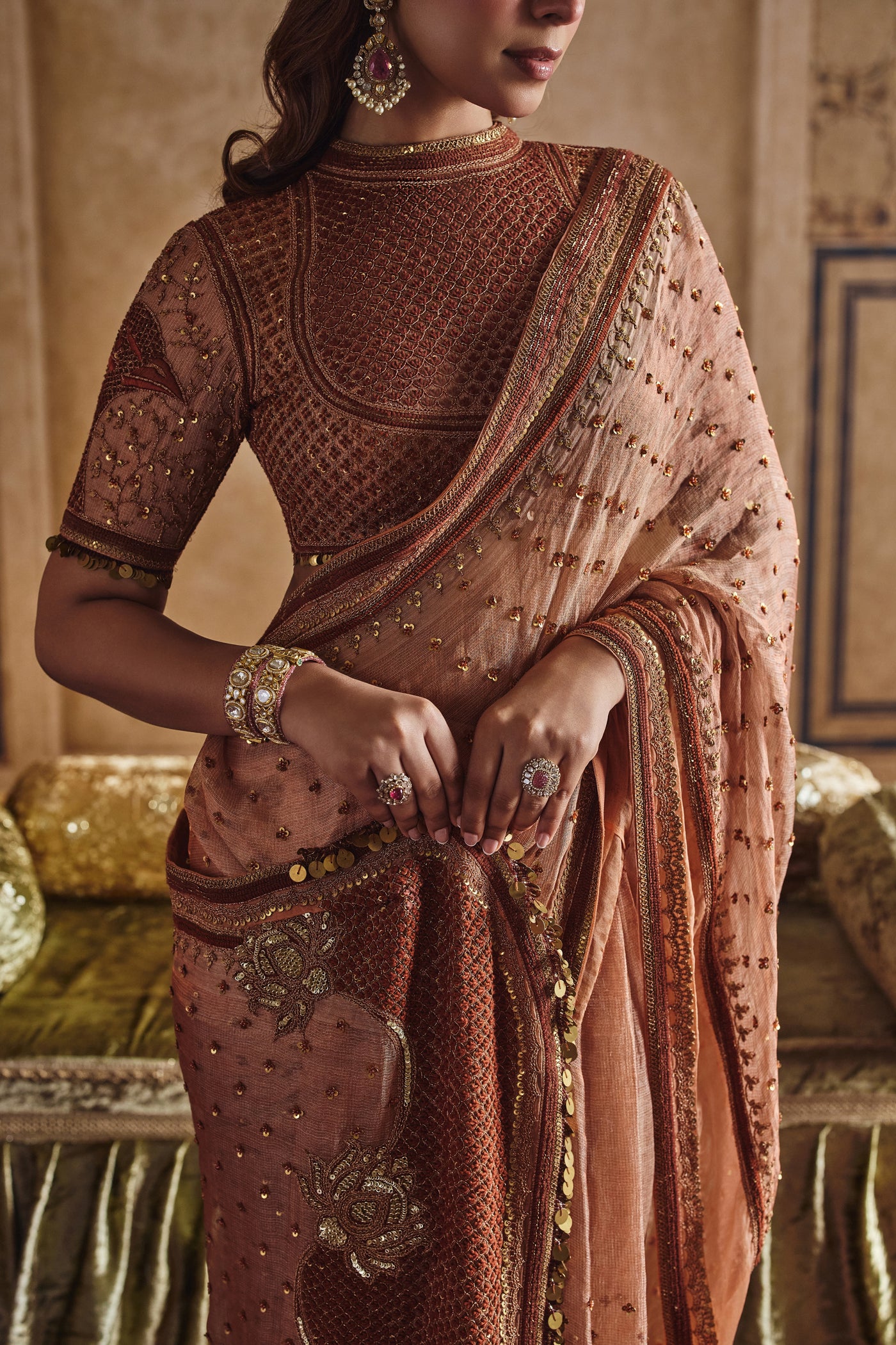 NH Statement Rustic Orange Tissue Peacock Saree Set