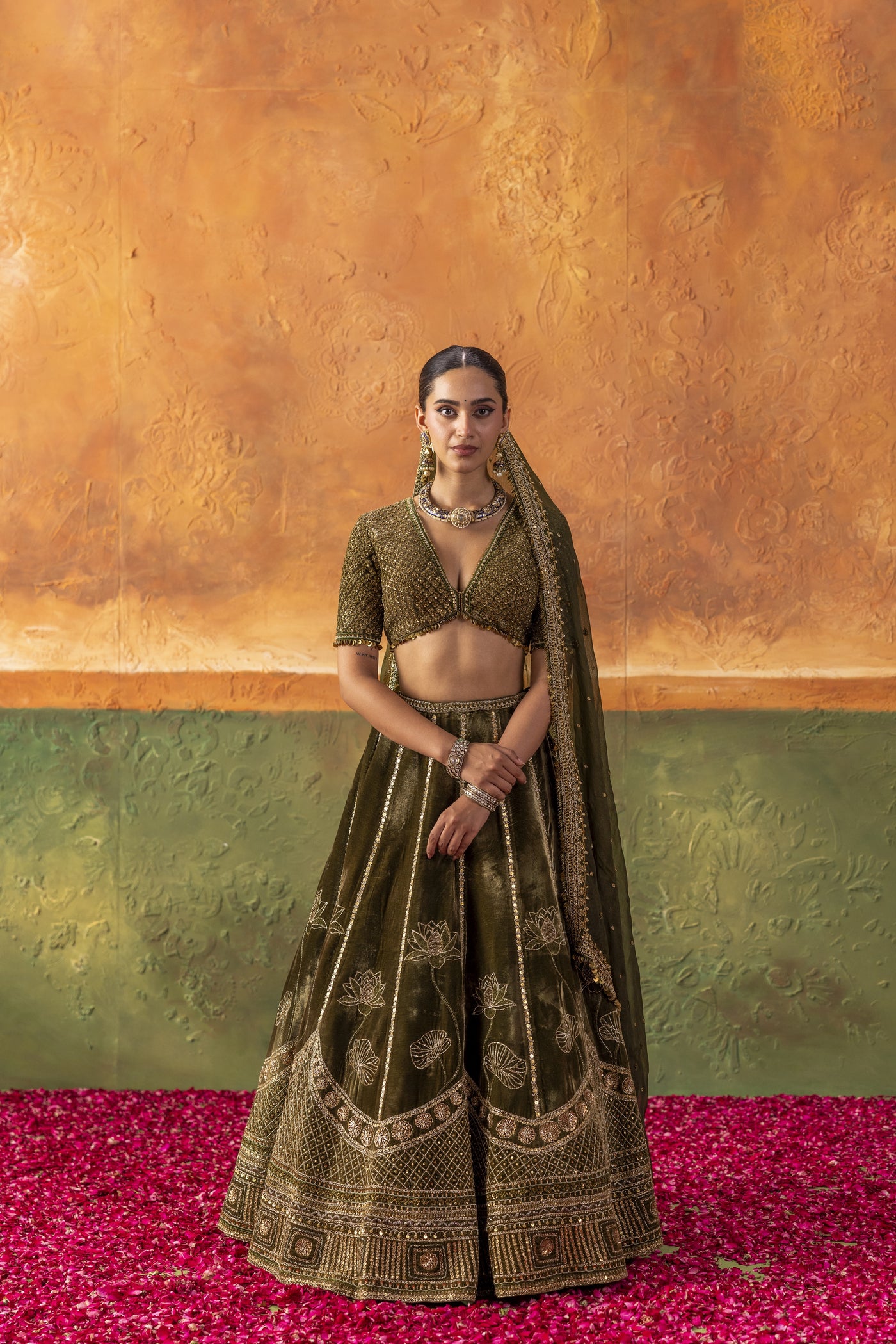 Olive Velvet Lotus Lehenga