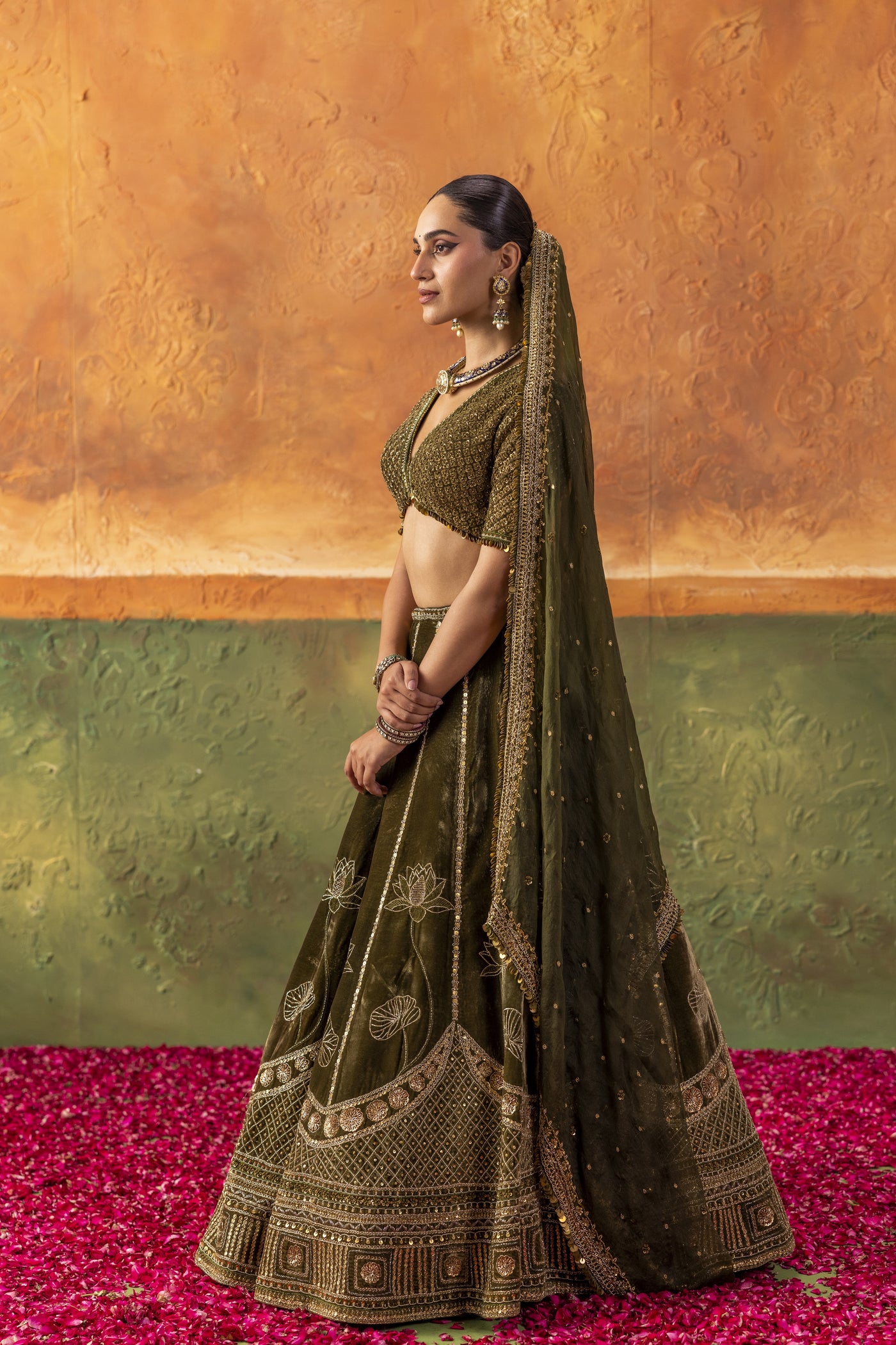 Olive Velvet Lotus Lehenga