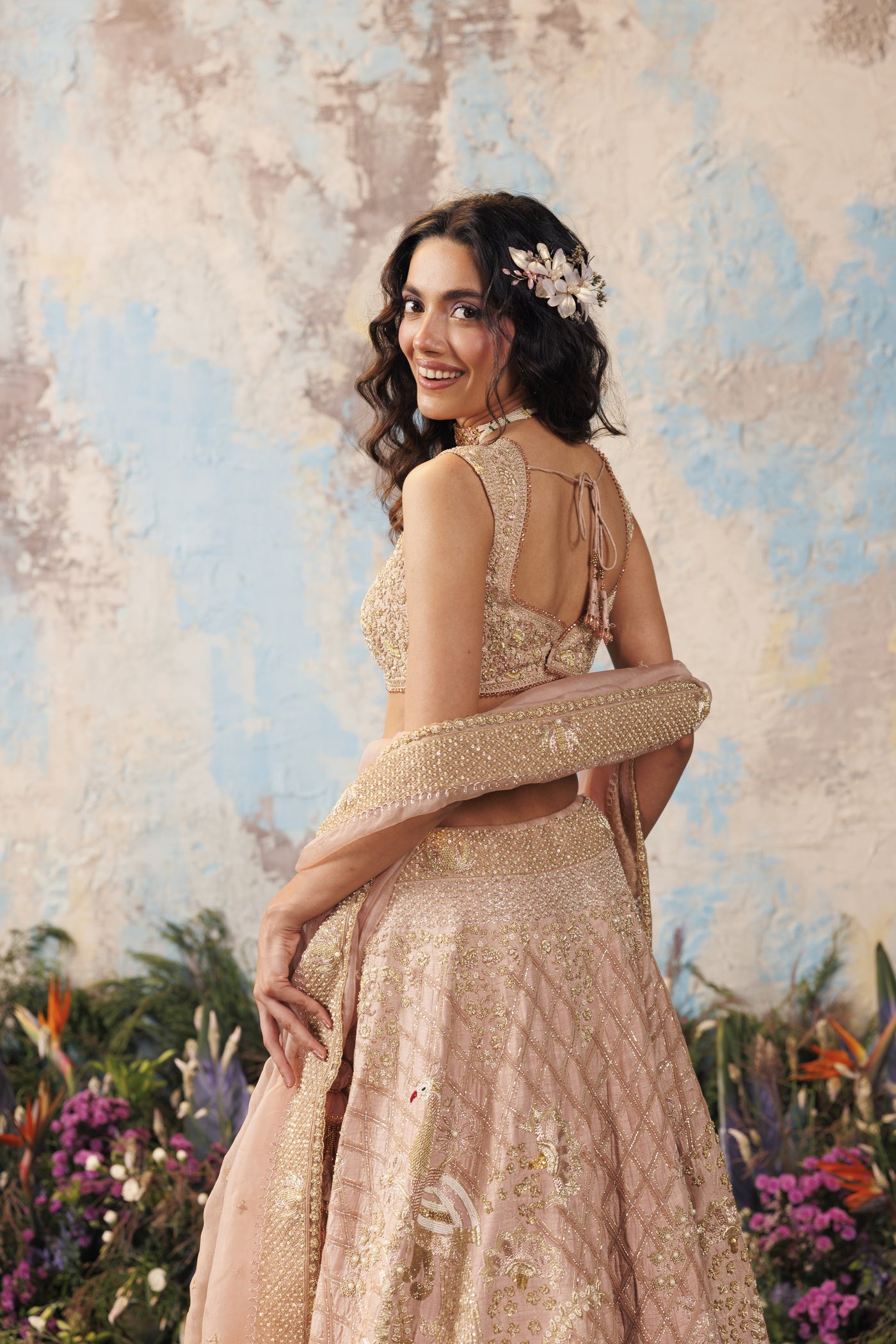 Onion Pink Peacock Lehenga
